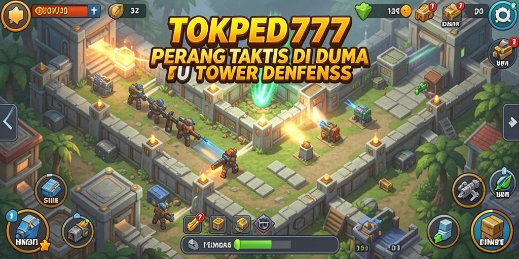 Tampilan gameplay TOKPED777 yang menampilkan menara dan serangan musuh.