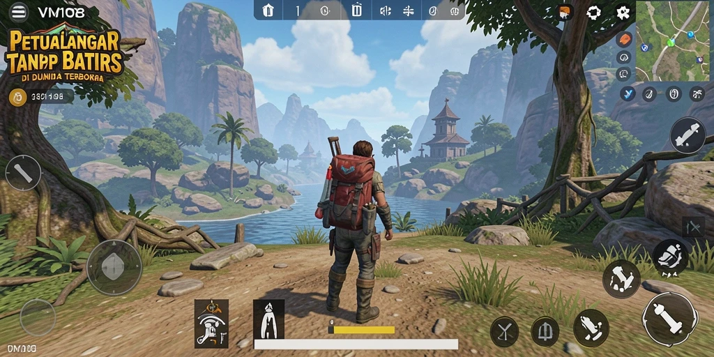 Tampilan gameplay dinamis dalam dunia terbuka VM108 yang luas.